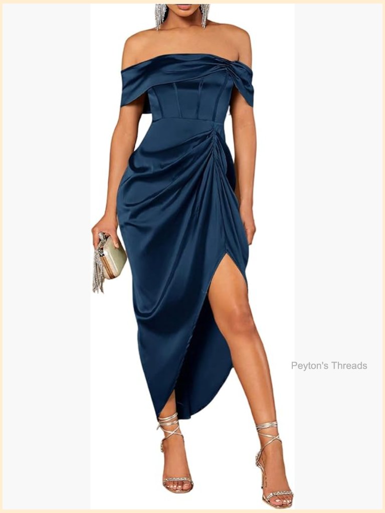 Satin Off The Shoulder Corset Dress Ruched Split Cocktail Guest Dress